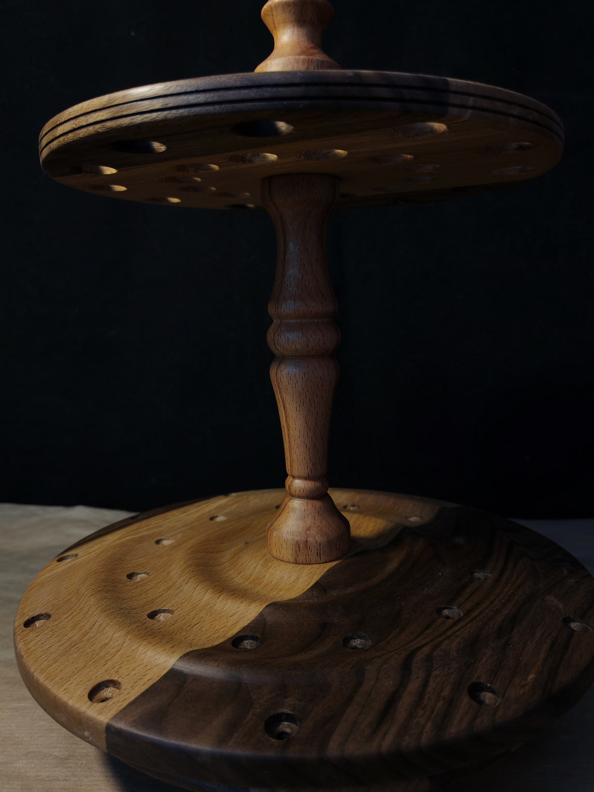 Beech and Walnut Rotating Spindle Stand for 24 Spindles