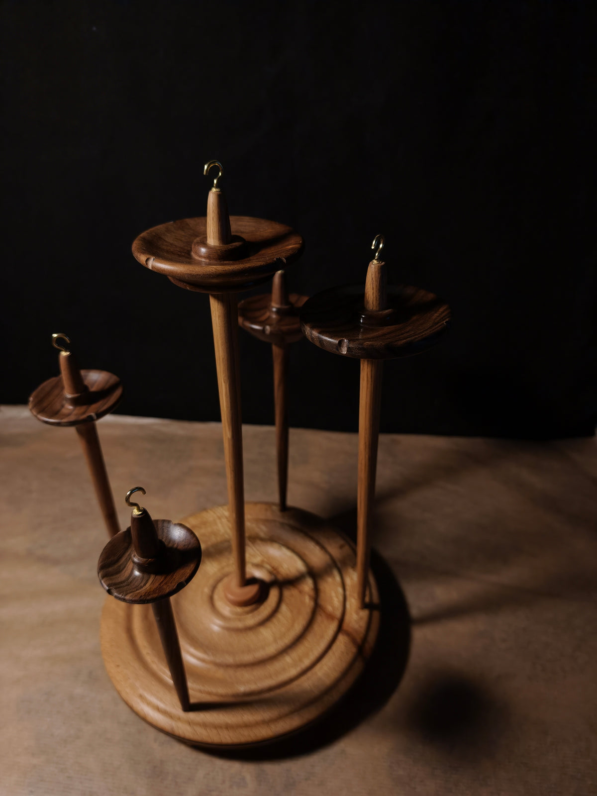 Set of 5 Wooden Drop Spindles with Pear Stand