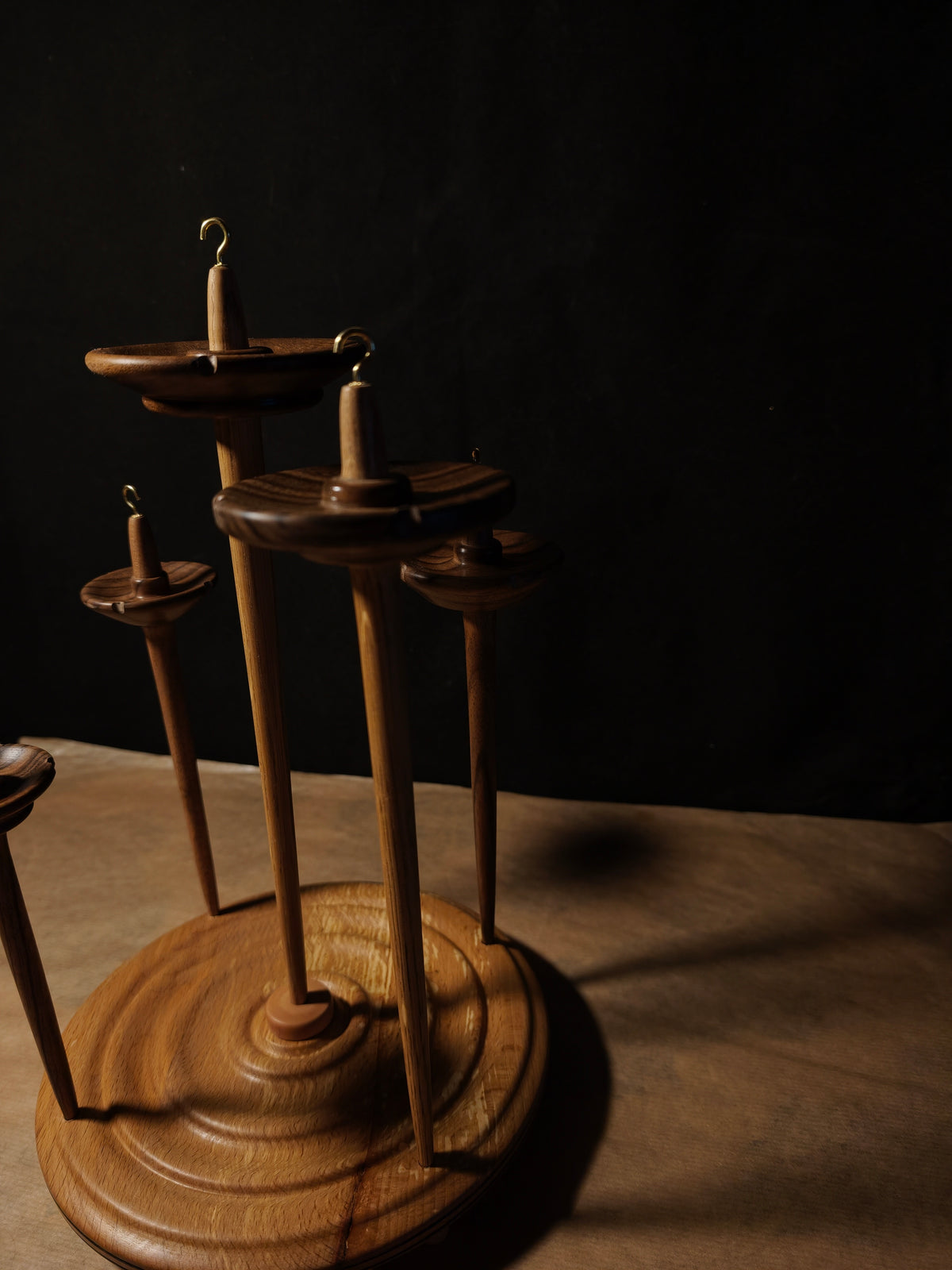 Set of 5 Wooden Drop Spindles with Pear Stand