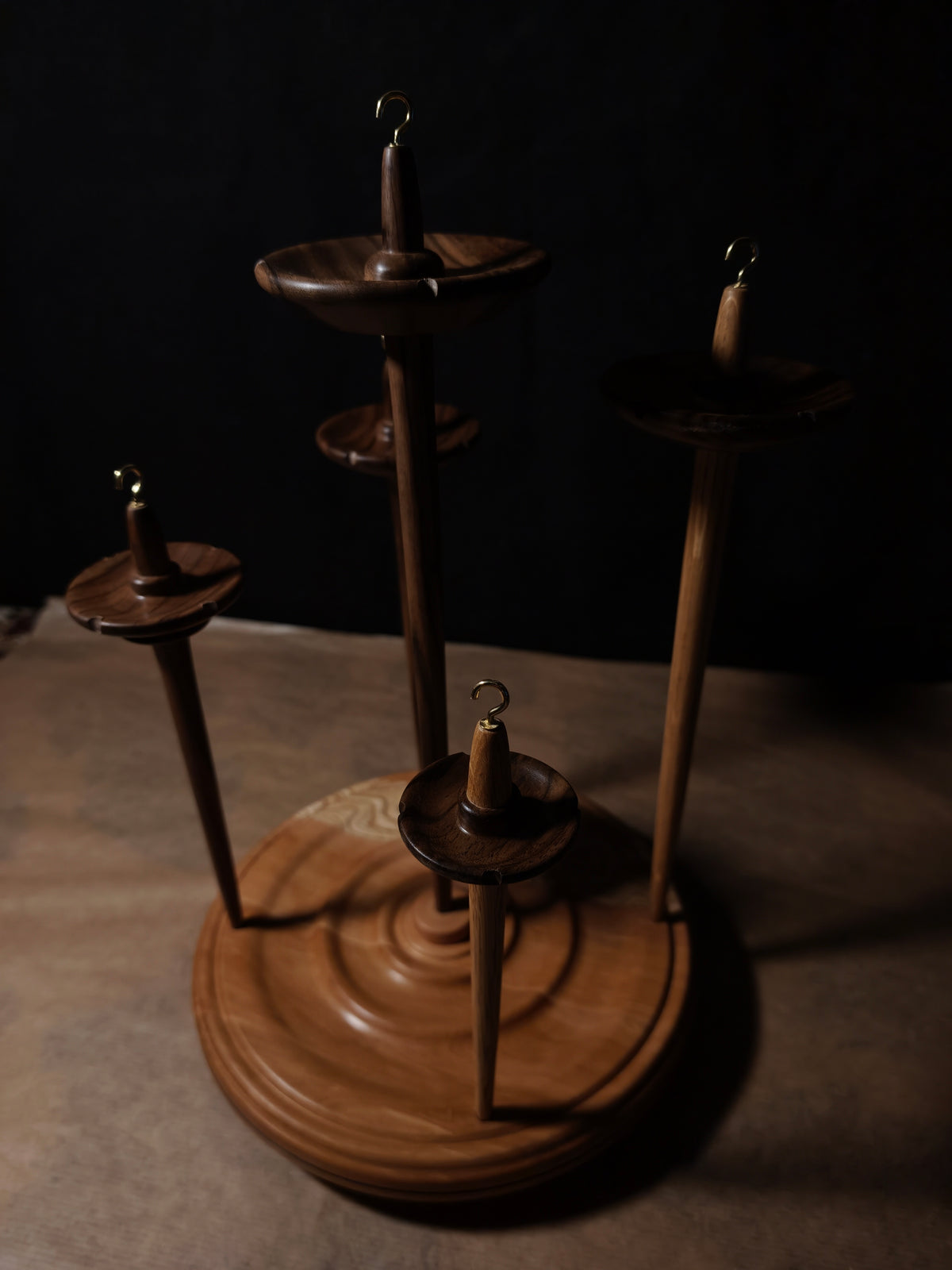 Set of 5 Walnut & Chestnut Drop Spindles with Pear Stand – 20–58g / 0.71–2.05 oz