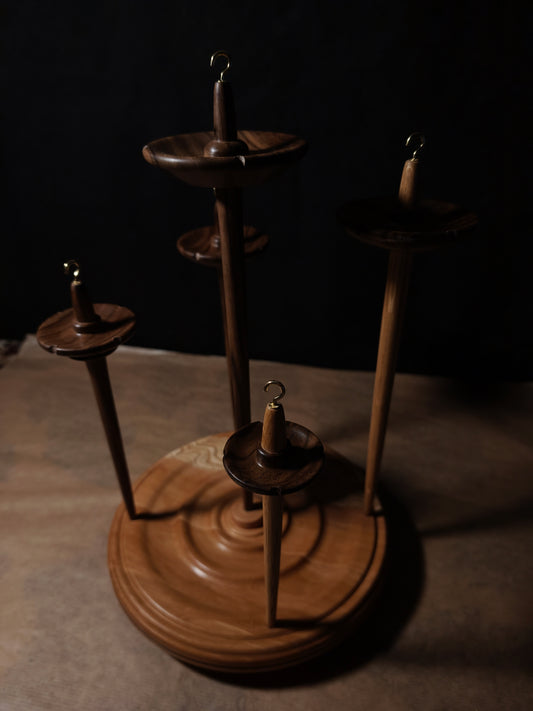 Set of 5 Walnut & Chestnut Drop Spindles with Pear Stand – 20–58g / 0.71–2.05 oz