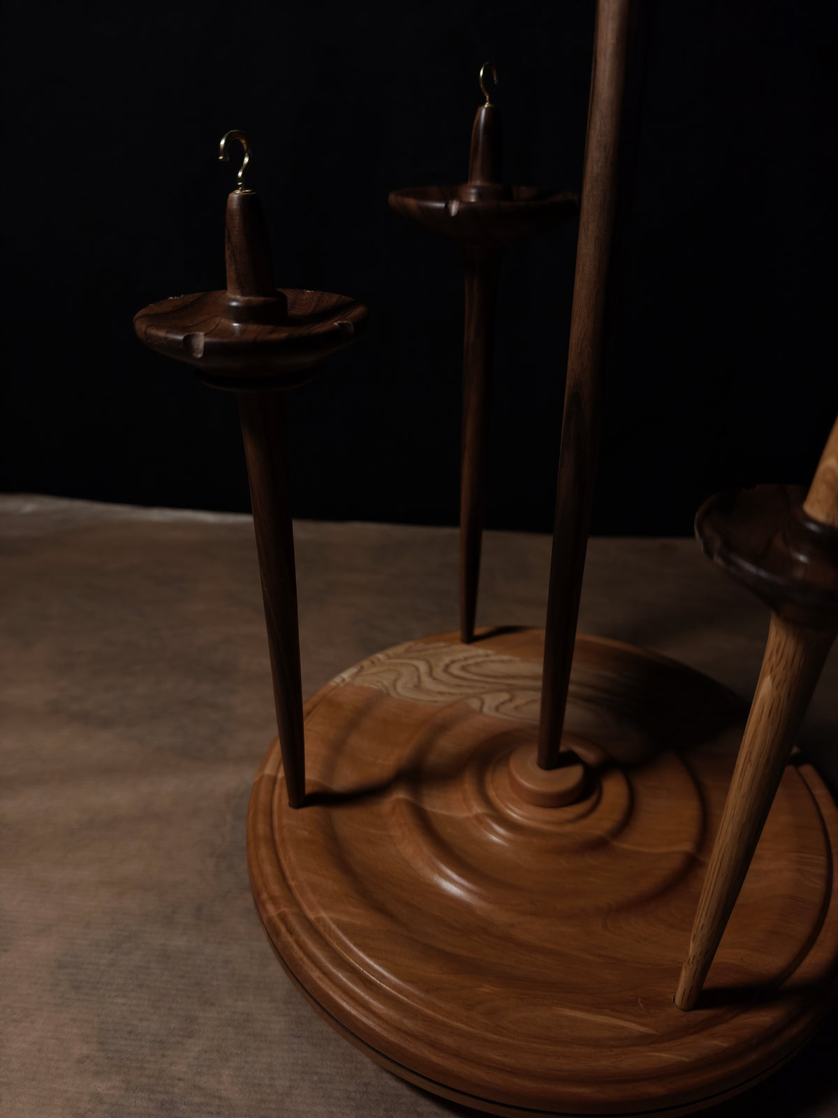 Set of 5 Walnut & Chestnut Drop Spindles with Pear Stand – 20–58g / 0.71–2.05 oz