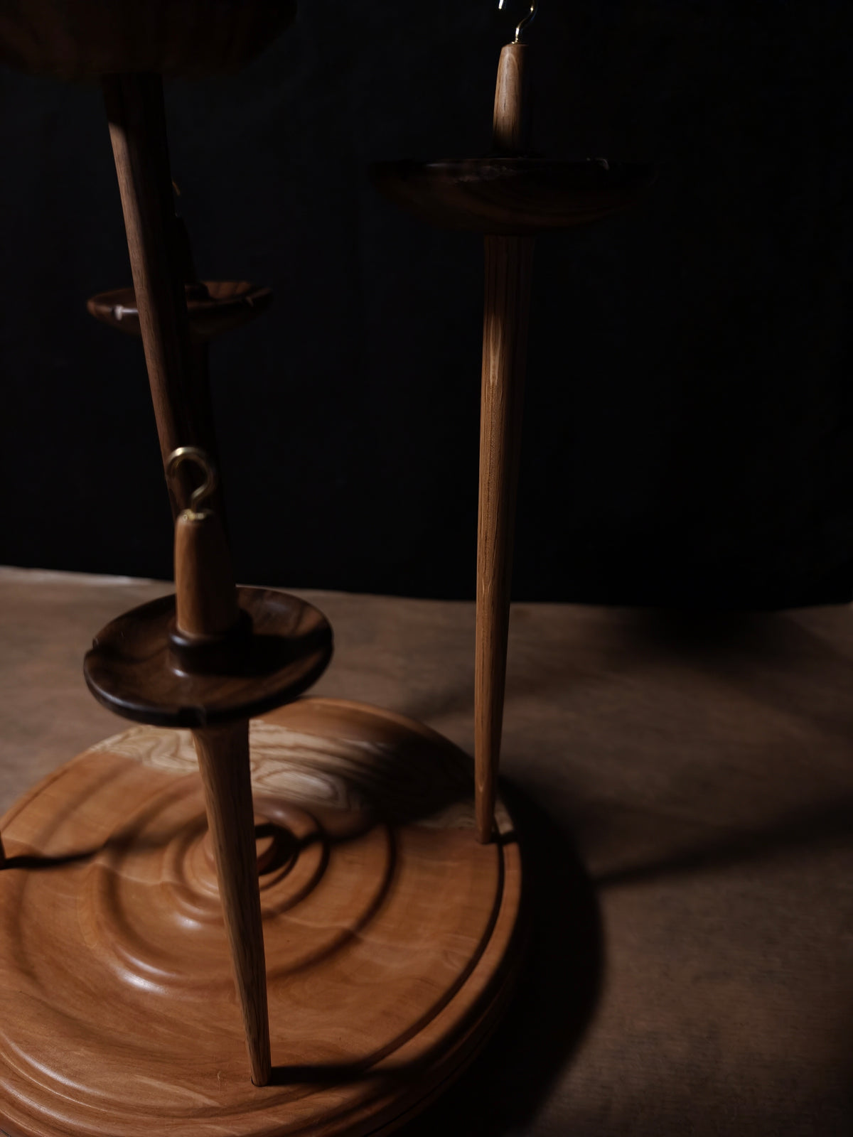 Set of 5 Walnut & Chestnut Drop Spindles with Pear Stand – 20–58g / 0.71–2.05 oz