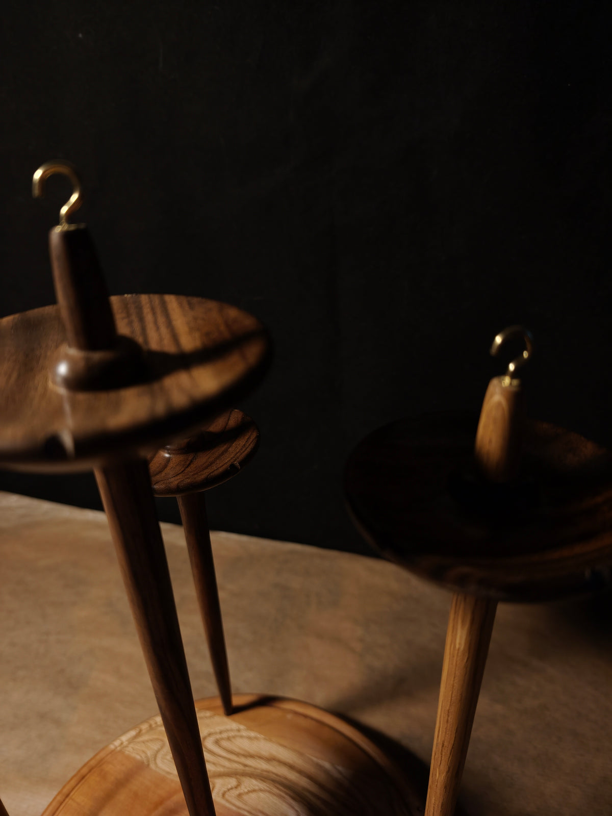 Set of 5 Walnut & Chestnut Drop Spindles with Pear Stand – 20–58g / 0.71–2.05 oz