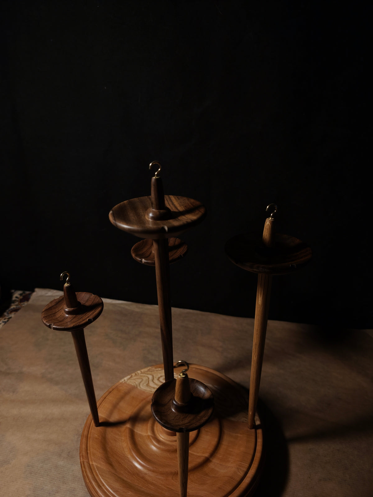 Set of 5 Walnut & Chestnut Drop Spindles with Pear Stand – 20–58g / 0.71–2.05 oz